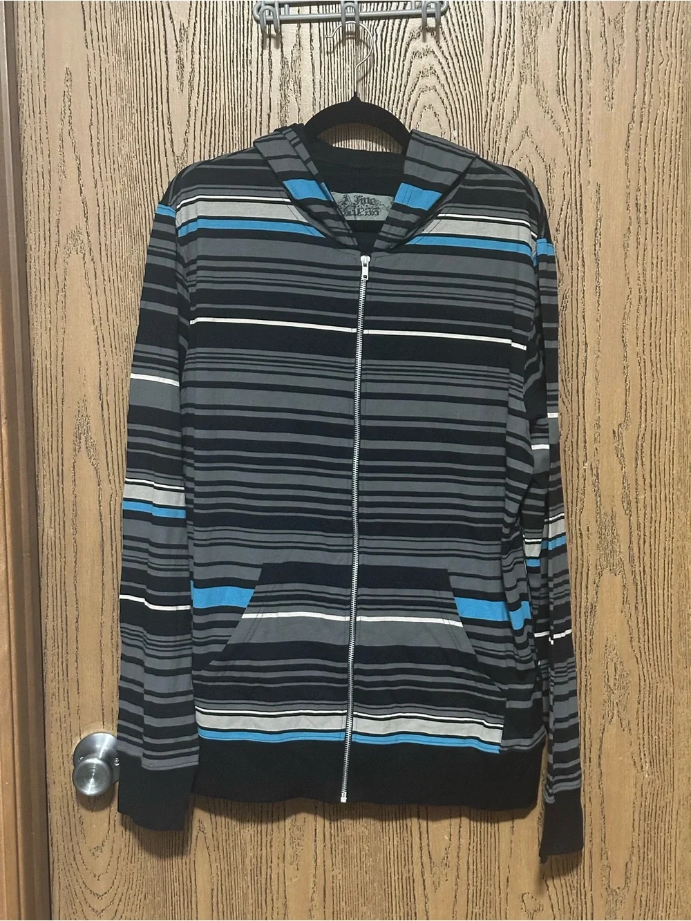 Men’s XL Hot Topic Striped Zip-Up Hoodie Blue, Gray & Black Y2K NOS NWT Unisex